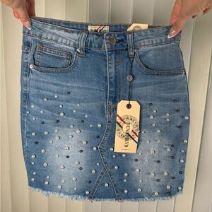 Elegant Blue Denim Mini Skirt with Pearl Details